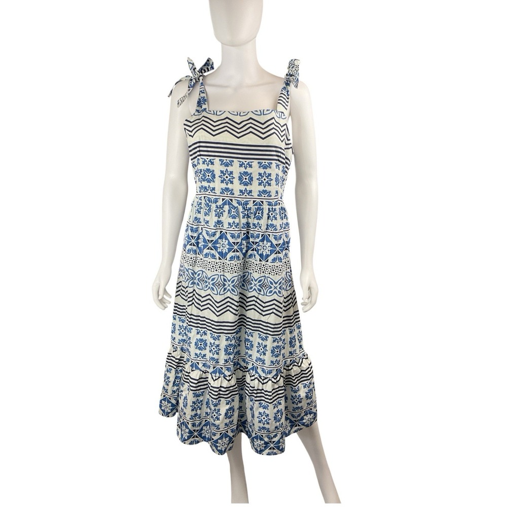 BELLAMBIA Dress XL 97% Cotton Blue Floral White Shoulder Ties Made in Italy